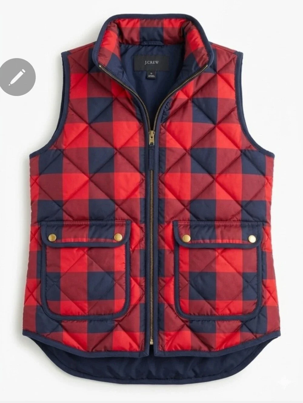 J. Crew Red and Black Plaid Quilted Puffer Vest Large